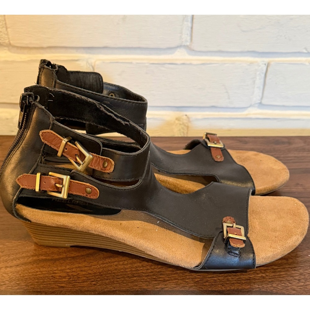 Aerosoles Yet Another Black Leather Gladiator Wedge Sandals W 8.5M Boho Festival
